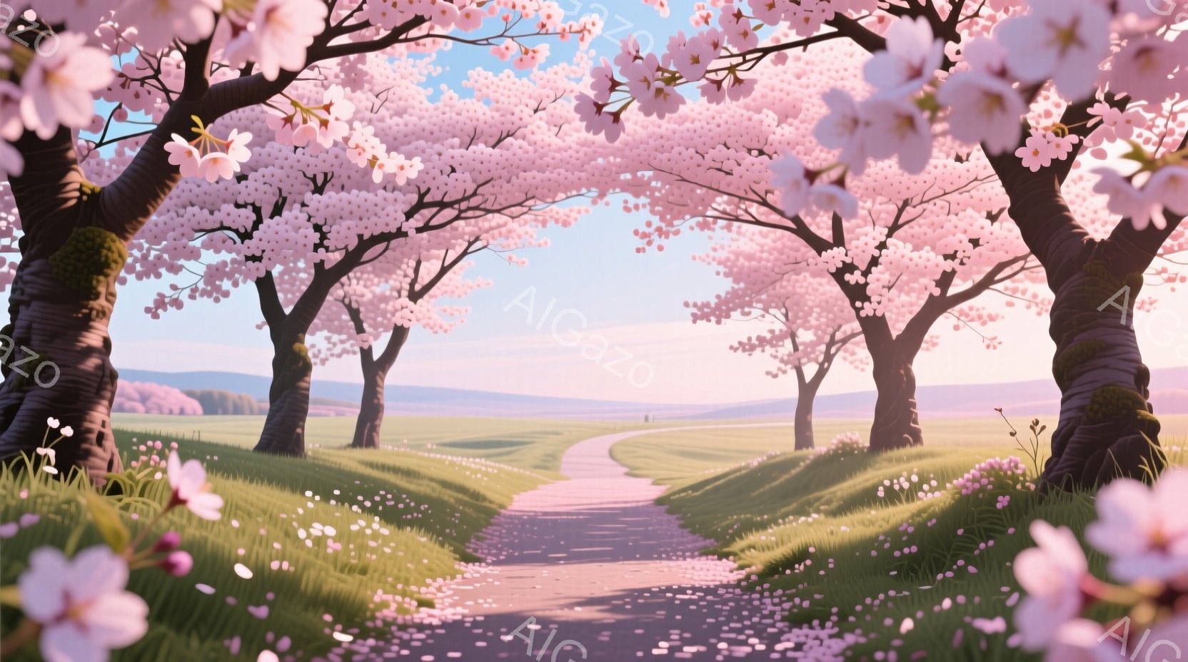 桜並木が続く道が描かれており、ピンク色の花びらが地面に散りばめられています。遠くには緑の丘陵が見え、空は穏やかなピンクと青のグラデーションで、春の暖かく穏やかな雰囲気を醸し出しています。道には人物は見 - AI生成フリー素材