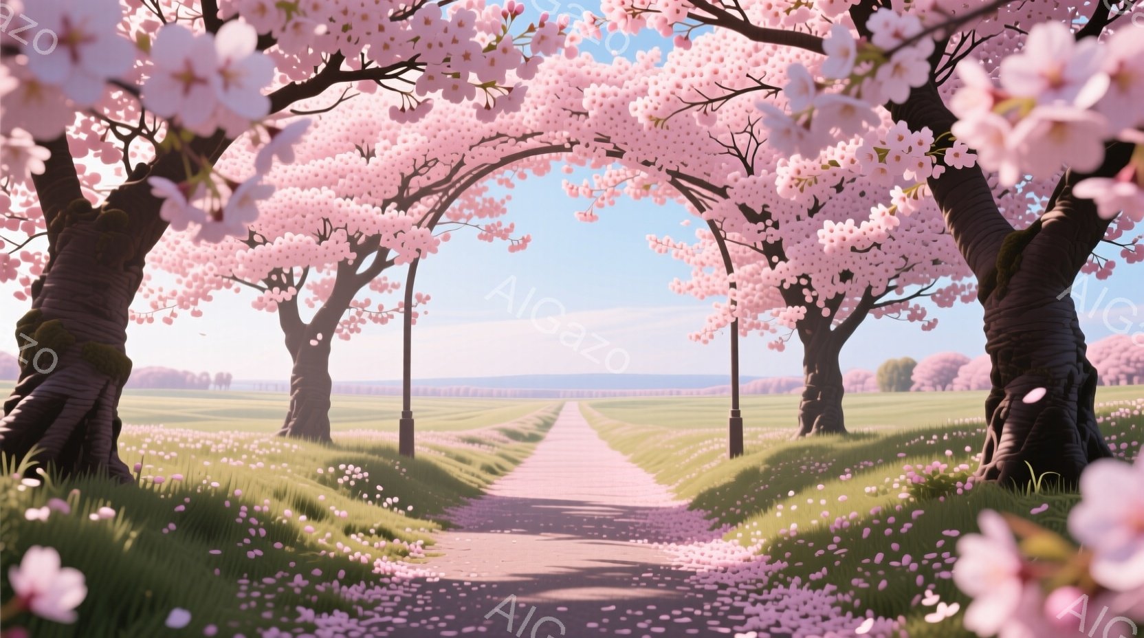 桜並木が続く道が、遠くの丘陵へと続いています。地面は桜の花びらで覆われ、鮮やかな緑の草が咲き乱れ、春の暖かさと穏やかさを感じさせます。空は晴れ、背景の風景は柔らかい色彩で描かれ、幻想的で平和な雰囲気を醸し出しています。