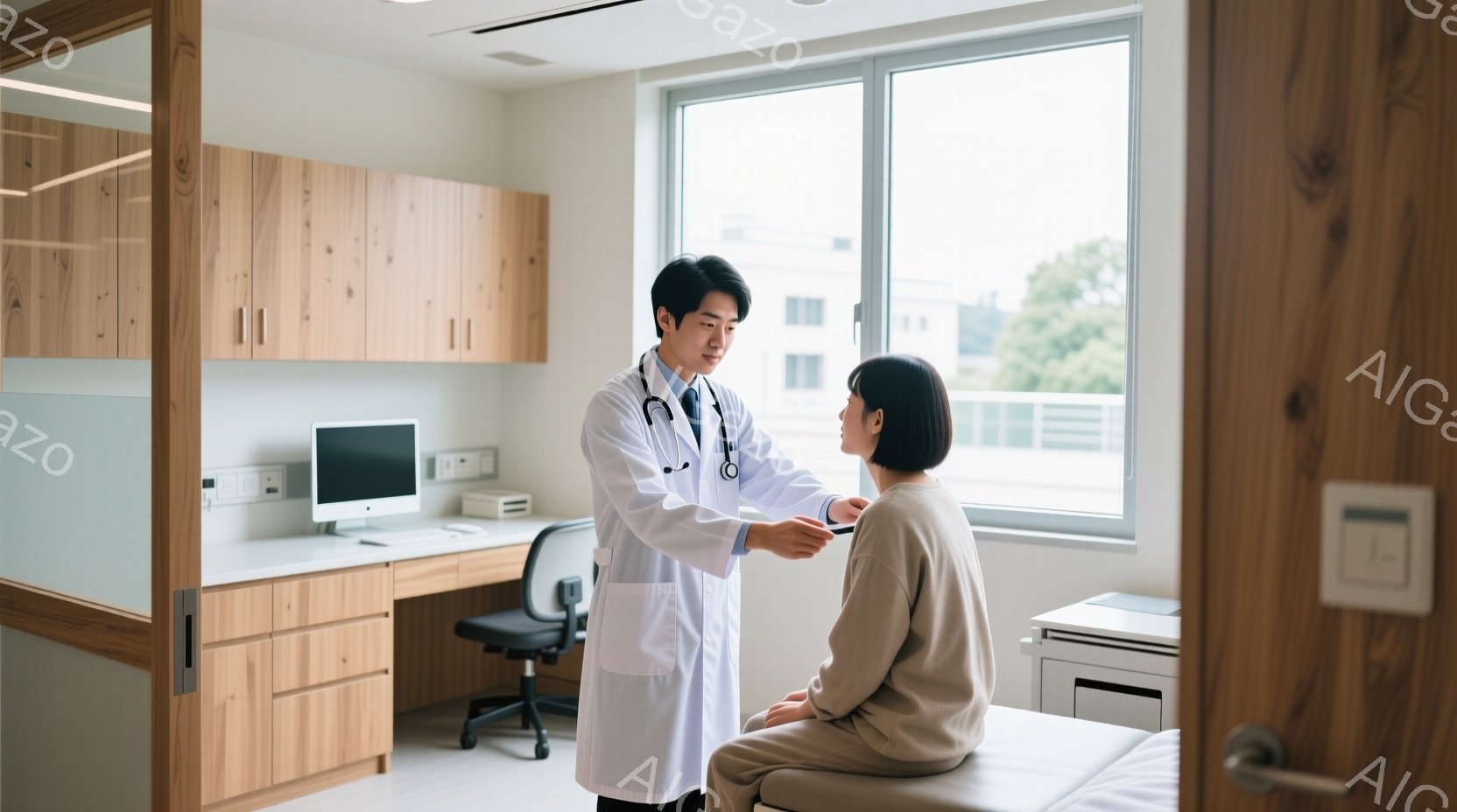 白衣を着た男性医師が、診察台に座る茶髪の女性患者の顎に触れて診察している様子が写っています。背景には木製のキャビネットやパソコンが置かれた診察室が広がり、大きな窓から自然光が差し込んでいます。全体的に - AI生成フリー素材