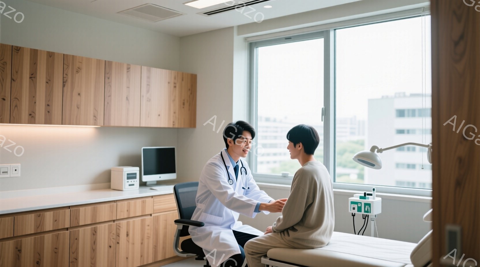 白衣を着た男性医師が、診察台に座る患者の手に触れ、優しく見つめています。背景には木目調のキャビネットと窓があり、窓の外には高層ビルが見えます。室内は明るく清潔で、安心感のある雰囲気が漂っています。 - AI生成フリー素材