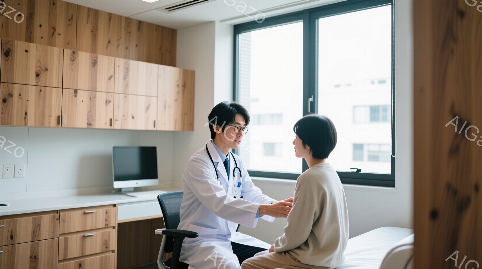 白衣を着た男性医師が、患者と思われる女性と対面している。医師は椅子に座り、女性の手に触れながら何かを診察しているようだ。背景には木目のキャビネットとコンピューターがあり、窓の外には高層ビルが見える、清 - AI生成フリー素材