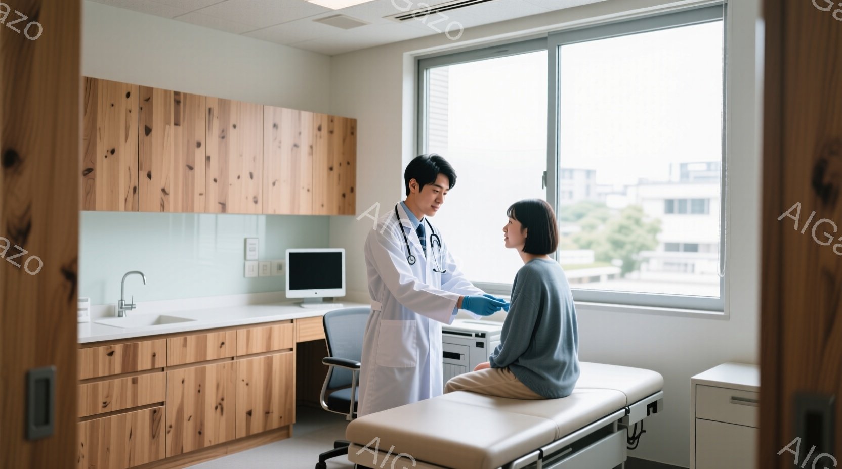 白衣を着た医者が、診察台に座る女性患者の肩を診察している場面だ。医者は青い手袋を着用し、真剣な表情で患者の状態を確認している。背景には木製のキャビネット、シンク、窓から見える都市の風景が見え、清潔で落ち着いた雰囲気の診察室であることがわかる。