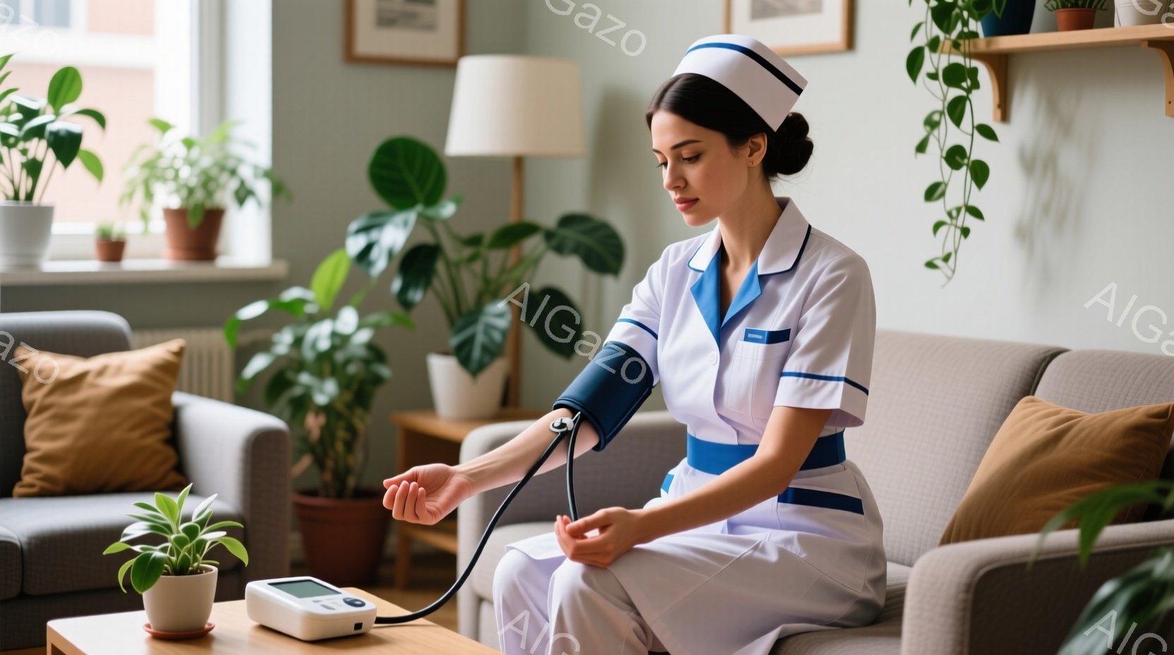 白い看護師服を着た女性が、ベージュ色のソファに座って血圧を測っています。彼女は髪をきっちりとまとめ、穏やかな表情でリラックスした姿勢を保っています。背景には植物が置かれた棚や、優しい光が差し込む窓があり、全体的に穏やかで落ち着いた雰囲気が漂っています。