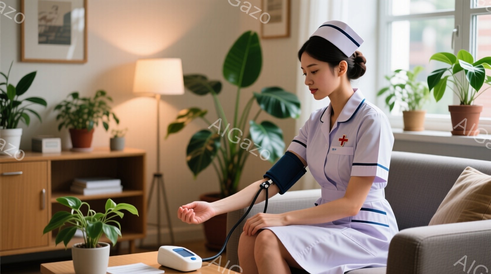看護師らしき女性が、ソファーに座り血圧計を装着して測定しています。彼女は白の制服と帽子を身に着け、髪は後ろでまとめられています。背景には、観葉植物や木製の棚があり、明るく穏やかな雰囲気が漂っています。