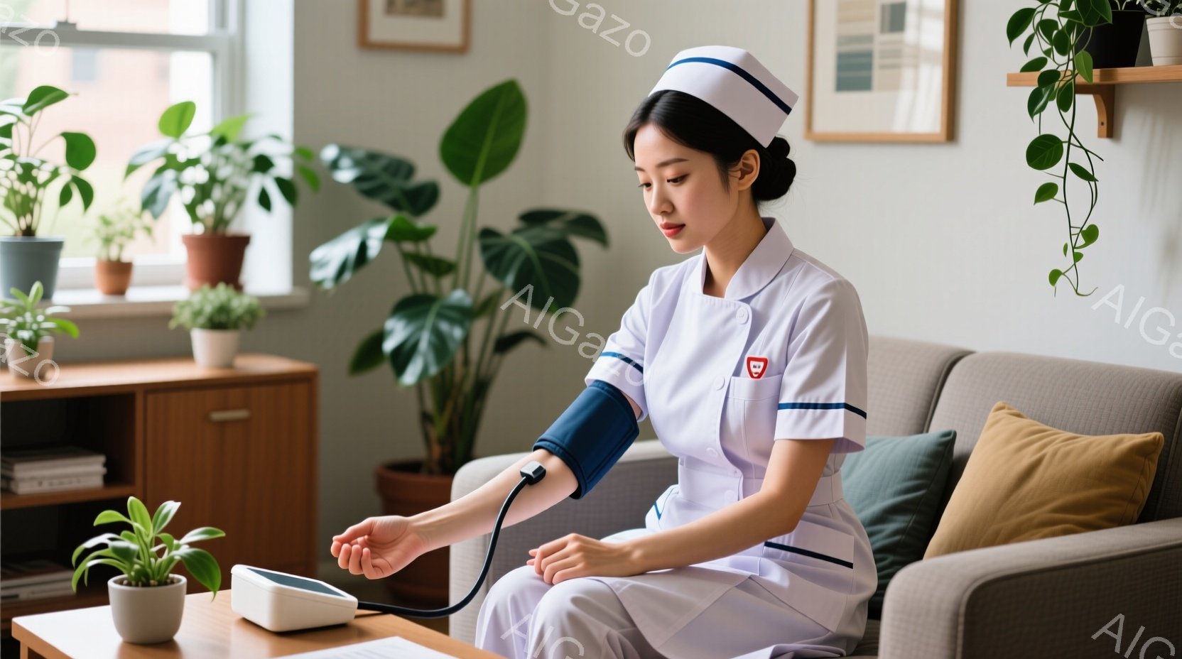 看護師は白い制服と帽子を身に着け、患者の血圧を測っています。彼女は落ち着いた表情で、左腕に血圧計を巻き付け、測定に集中しています。背景には木製の棚と緑の植物が見え、リビングルームのような室内で、穏やか - AI生成フリー素材