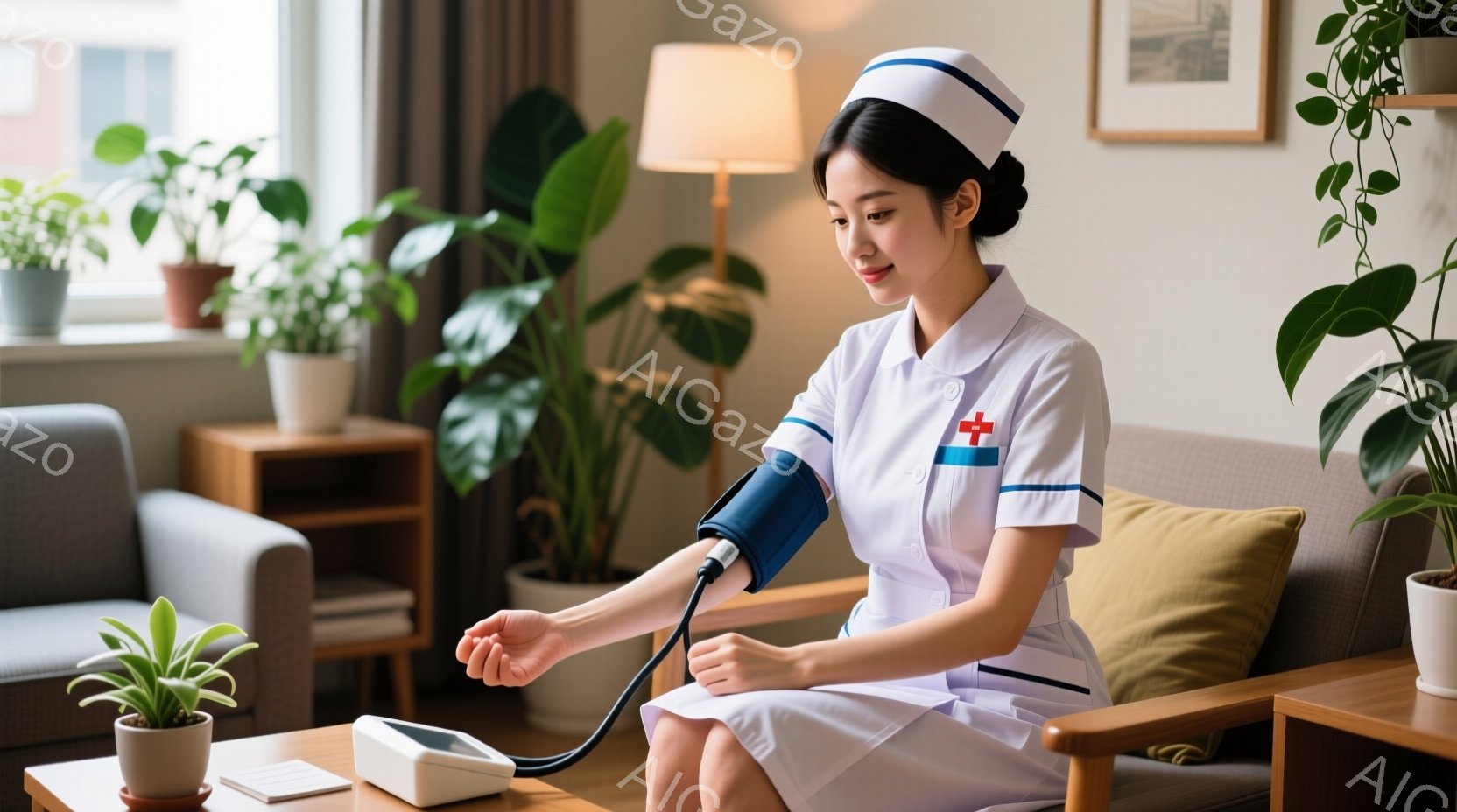 看護師がベージュ色のソファに座り、血圧計を装着して自身の血圧を測定している。彼女は白い看護師服と帽子を着用し、真剣な表情で測定に集中している。背景には木製のテーブルや植物があり、リビングルームのような室内で穏やかな雰囲気が漂っている。