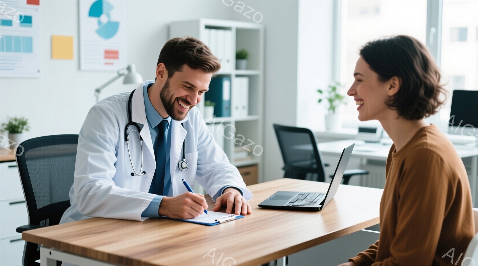 医師は白衣を着てステットスコープを首にかけており、笑顔でメモ帳に何かを書き込んでいます。患者は茶色のセーターを着ており、医師の方を見て微笑んでいます。背景にはオフィスのような空間があり、パソコンや書類 - AI生成フリー素材