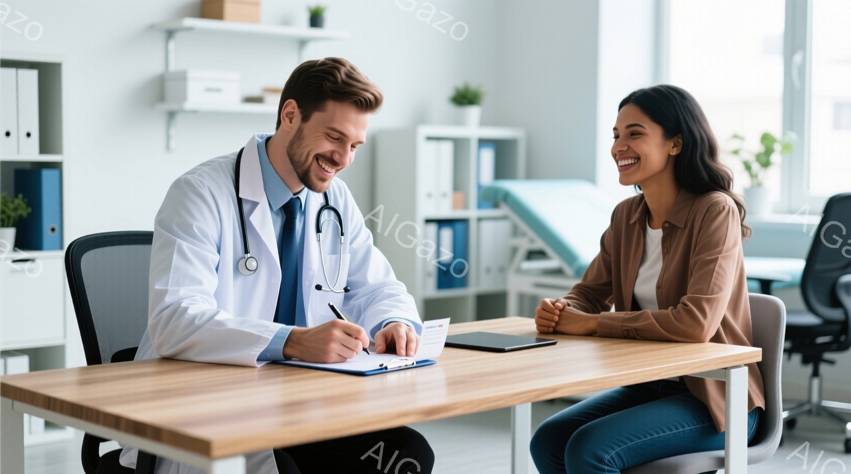 白衣を着た男性医師が、クリップボードにペンで何かを書き込んでいます。彼は微笑んでおり、患者である女性は向かい合って座り、両手を組んでリラックスした様子で微笑んでいます。背景には医療機器や棚があり、清潔で明るい診察室の雰囲気です。