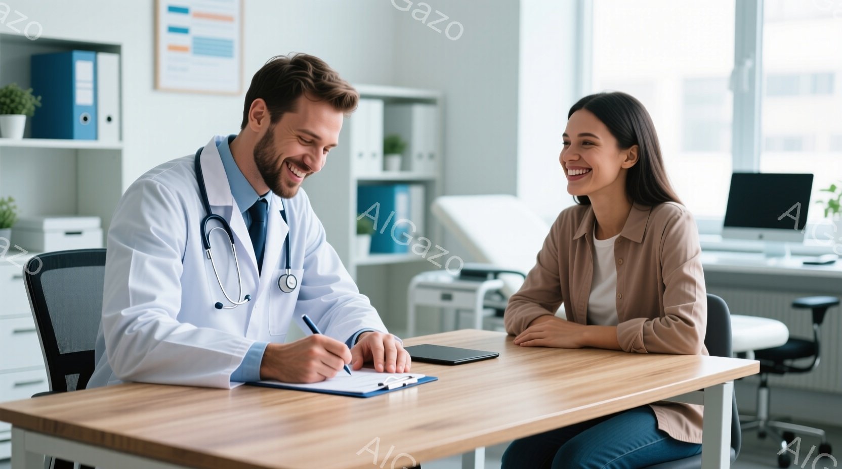 白衣を着た男性医師が、クリップボードにペンで何か書き込んでいる様子が描かれています。彼は笑顔で、患者である女性を見ながら書き込んでいます。女性は椅子に座って両手を重ね、同じように微笑んでおり、明るく安心感のある医療現場の雰囲気が伝わってきます。