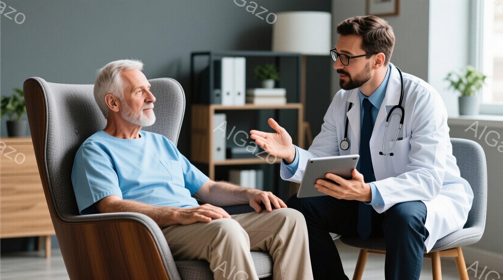 白衣を着た若い男性医師が、タブレットを手にしながら、椅子に座る年配の男性と会話しています。医師はジェスチャーを交え、真剣な表情で説明しており、年配の男性はリラックスした様子で医師の話を聞いています。背 - AI生成フリー素材