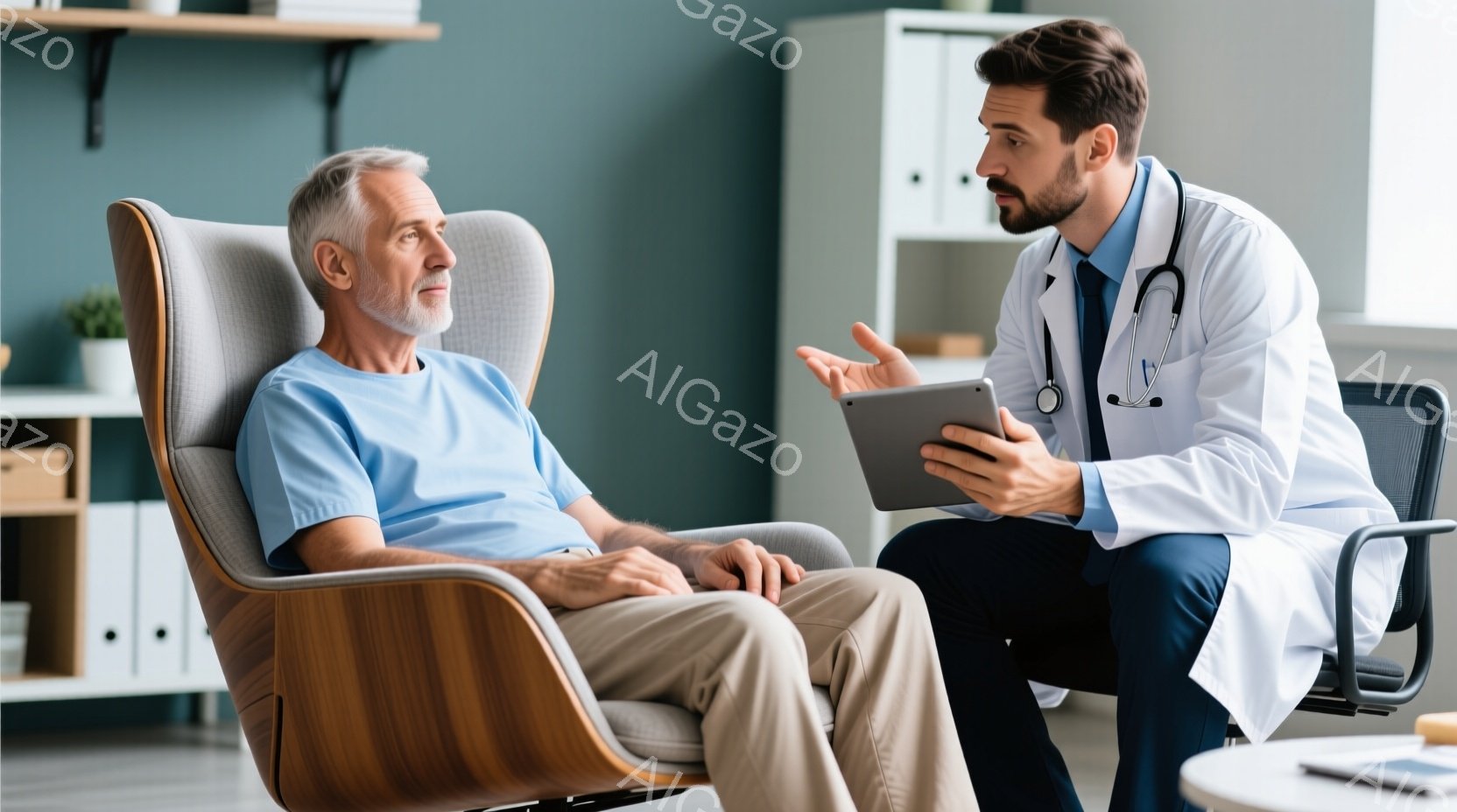 白衣を着た若い男性医師が、タブレットを手にしながら、椅子に座っている高齢の男性と会話しています。高齢男性は薄い青色のTシャツとベージュ色のズボンを着用し、リラックスした表情で医師の言葉に耳を傾けていま - AI生成フリー素材