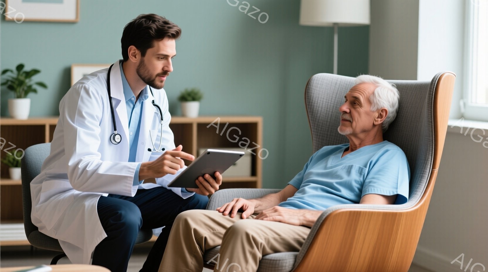 白衣を着た若い医者が、タブレットを手に、椅子に座っている年配の男性と話しています。医者は真剣な表情でタブレットを指し示し、男性は穏やかな表情で医者の方を見ています。背景は明るいトーンで、植物と窓があり - AI生成フリー素材