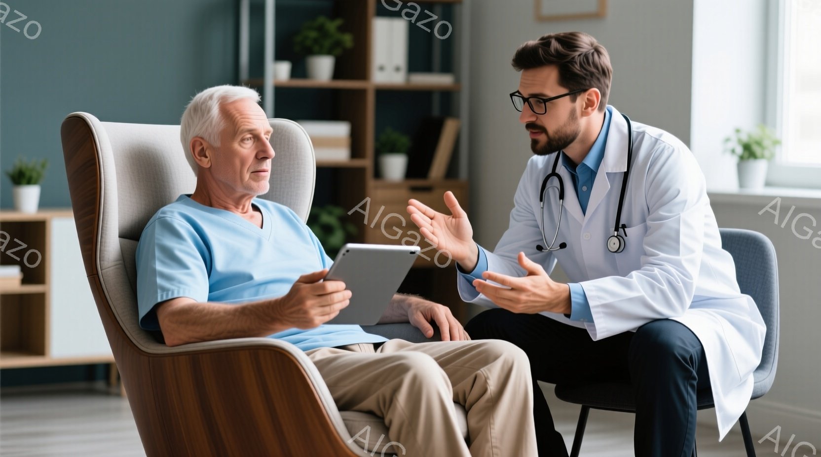 白髪の男性がアームチェアに座り、タブレットPCを持っています。彼は落ち着いた表情で、医師に何かを伝えようとしています。背景には本棚があり、医師は白衣を着て、熱心に説明している様子で、親身な雰囲気です。