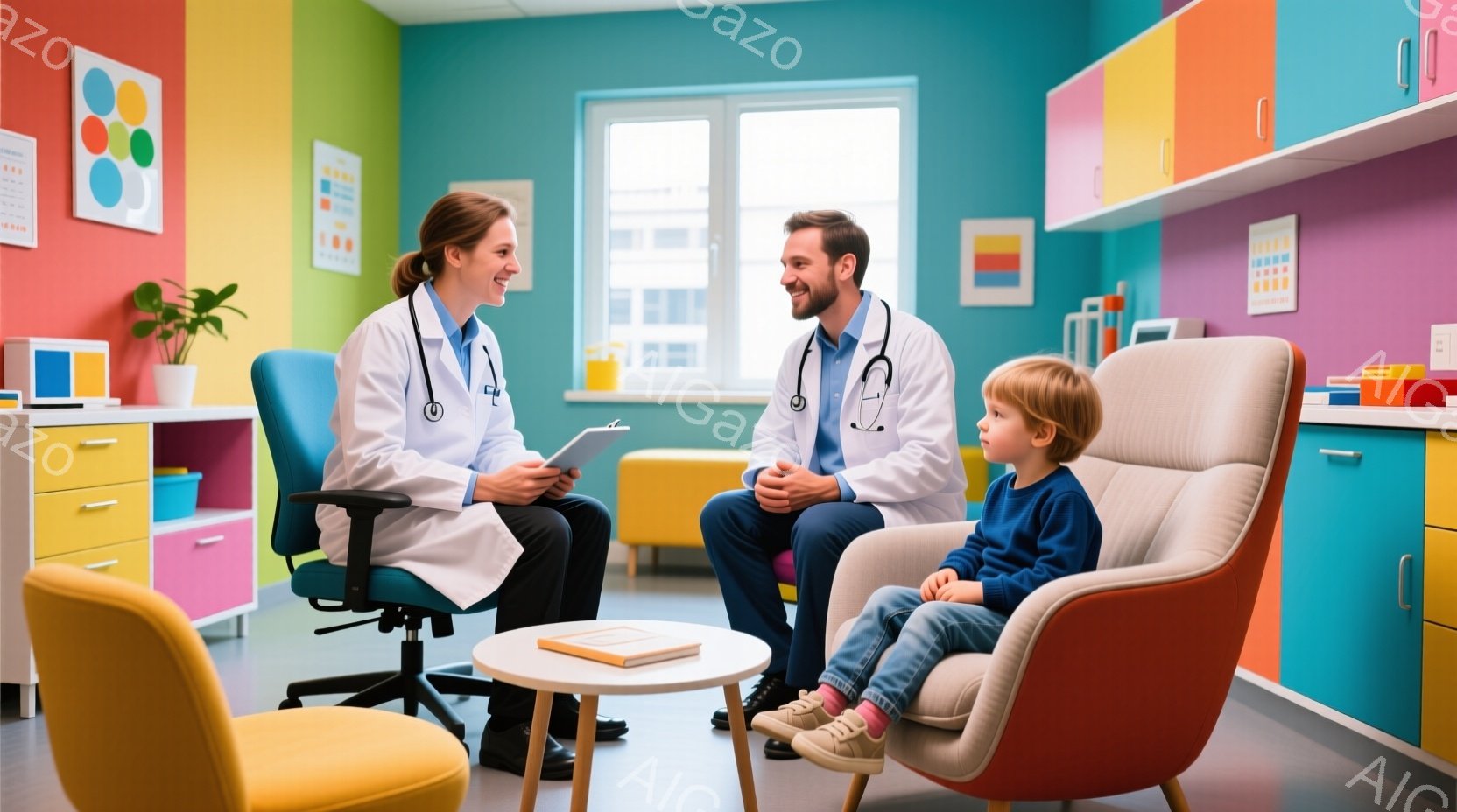 診察室で、白衣を着た女性医師と男性医師が、幼い男の子と対面している。医師たちは笑顔で男の子を見つめ、女性医師はクリップボードを持って何かメモを取っているようだ。背景はカラフルな壁とキャビネットで、明るく活気のある雰囲気である。