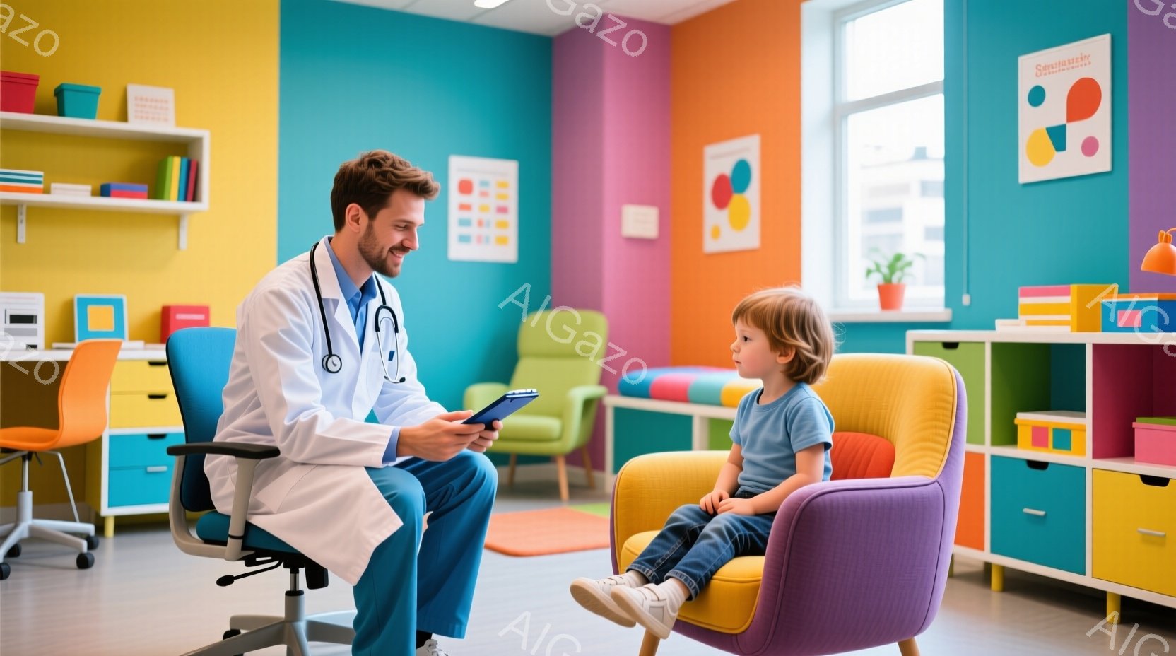 白衣を着た男性医師が、クリップボードを持って座って、幼い男の子と対話しています。男の子はカラフルな椅子に座り、医師を見上げています。背景は明るい色調で、子供向けの家具や装飾が置かれ、リラックスした診察 - AI生成フリー素材