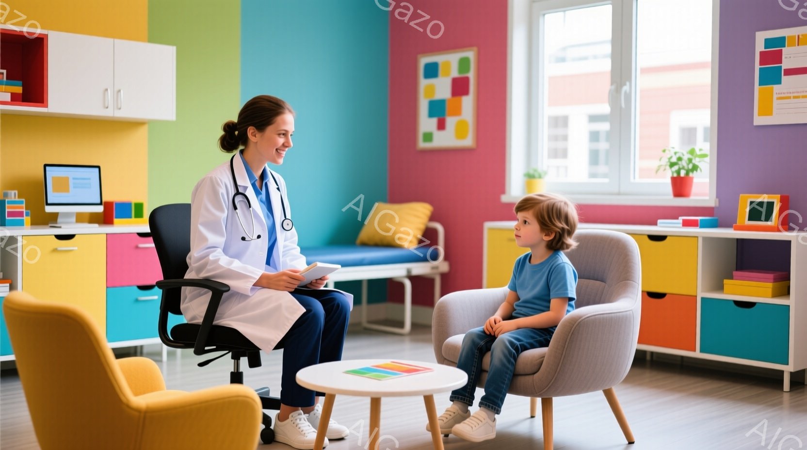 明るい色の壁に囲まれた診察室で、女性医師が少年と対面している。医師は白いコートを着て、髪を後ろでまとめており、笑顔で少年に何かを見せている。少年は灰色の椅子に座り、医師の言葉に耳を傾けており、リラック - AI生成フリー素材