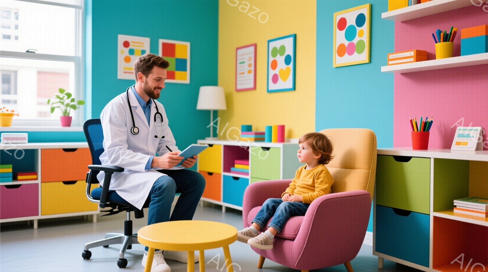 白衣を着た男性医師が、タブレット端末を見ながら、ピンク色の椅子に座っている幼い男の子と対面している様子が写っている。医師は笑顔で、男の子もリラックスした表情で、明るくカラフルな背景には、収納棚や観葉植 - AI生成フリー素材