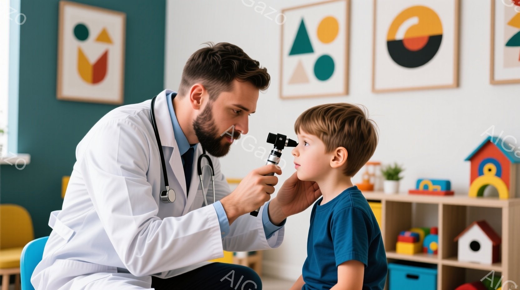 白衣を着た医者が、座っている少年を診察している。少年は青いTシャツを着ており、少し緊張した表情をしている。背景には、カラフルな幾何学模様の絵や、おもちゃの家があり、明るく優しい雰囲気である。 - AI生成フリー素材