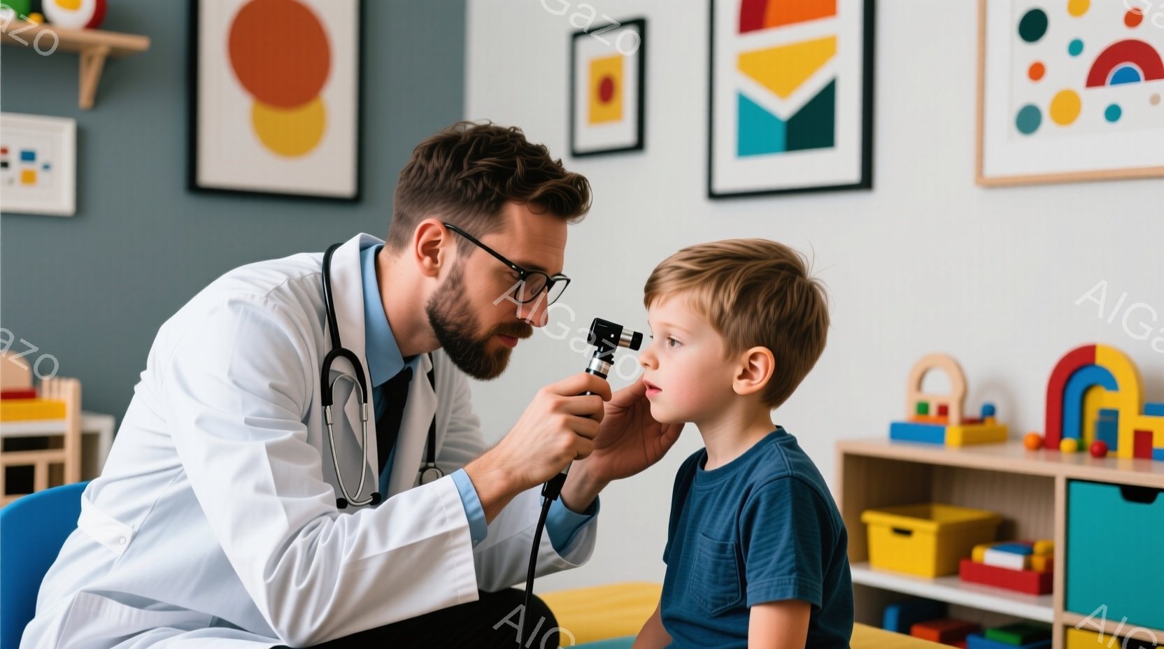 男性医師は長髪、スーツを着用。子どもは白い歯科医院の椅子に座っており、医師が口にマスクを配る。背景は明るく、カラフルな遊び場を持つ児童向けの歯科医院である。