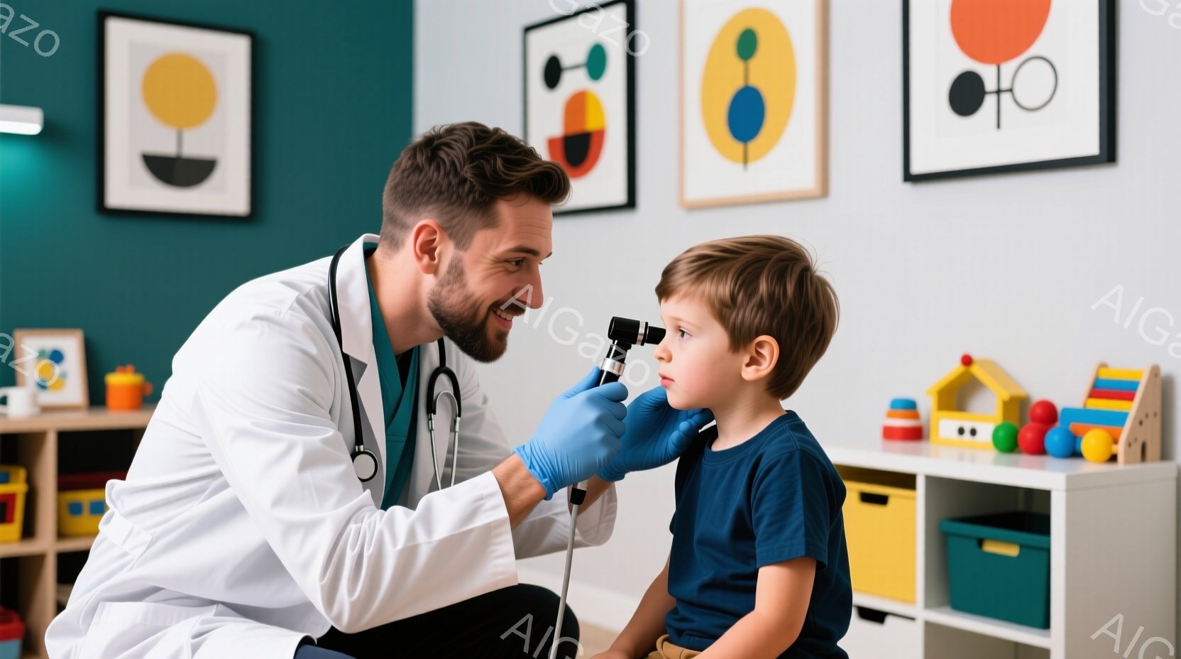 白衣を着た男性医師が、青い手袋を着用し、少年を診察している様子が写っている。医師は微笑んでおり、少年の耳に医療機器を当てている。背景にはカラフルな子供用のおもちゃや収納ボックスが並び、明るく安心感のあ - AI生成フリー素材