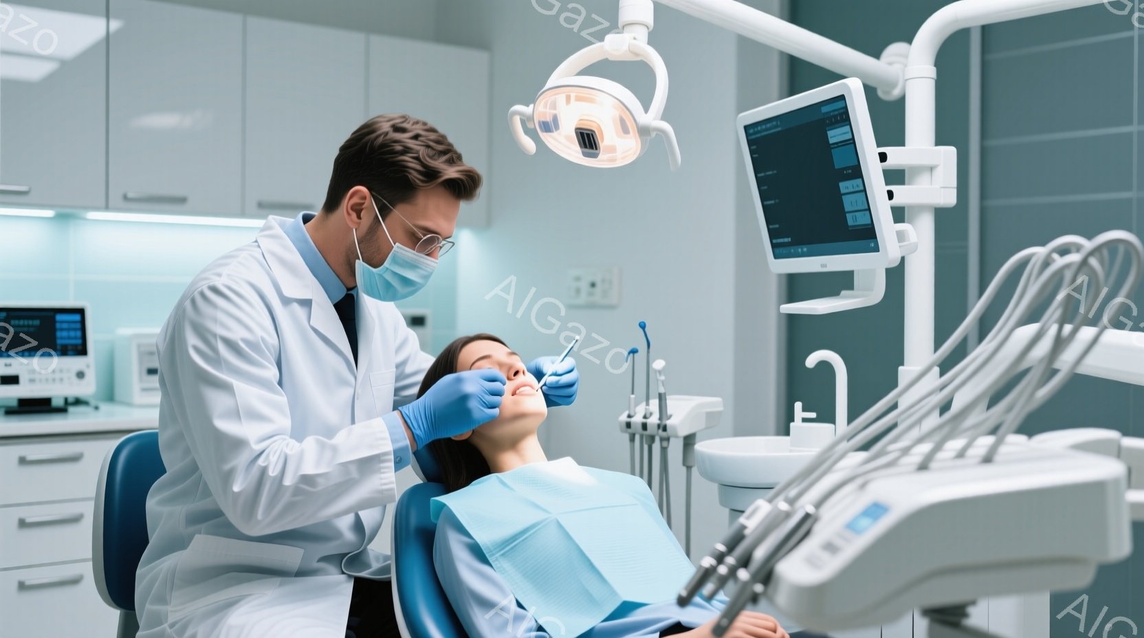 医院内での歯科治療を模擬するシーンです。中央には女性が椅子に座り、口腔部分に注意を集中しています。その上方には男性の歯科医師が立ち、顔面表情や手の動きで治療中の状況を模擬しています。背景には医院内の受付や待合所があり、白とシルバーのカラースキームが特徴的です。