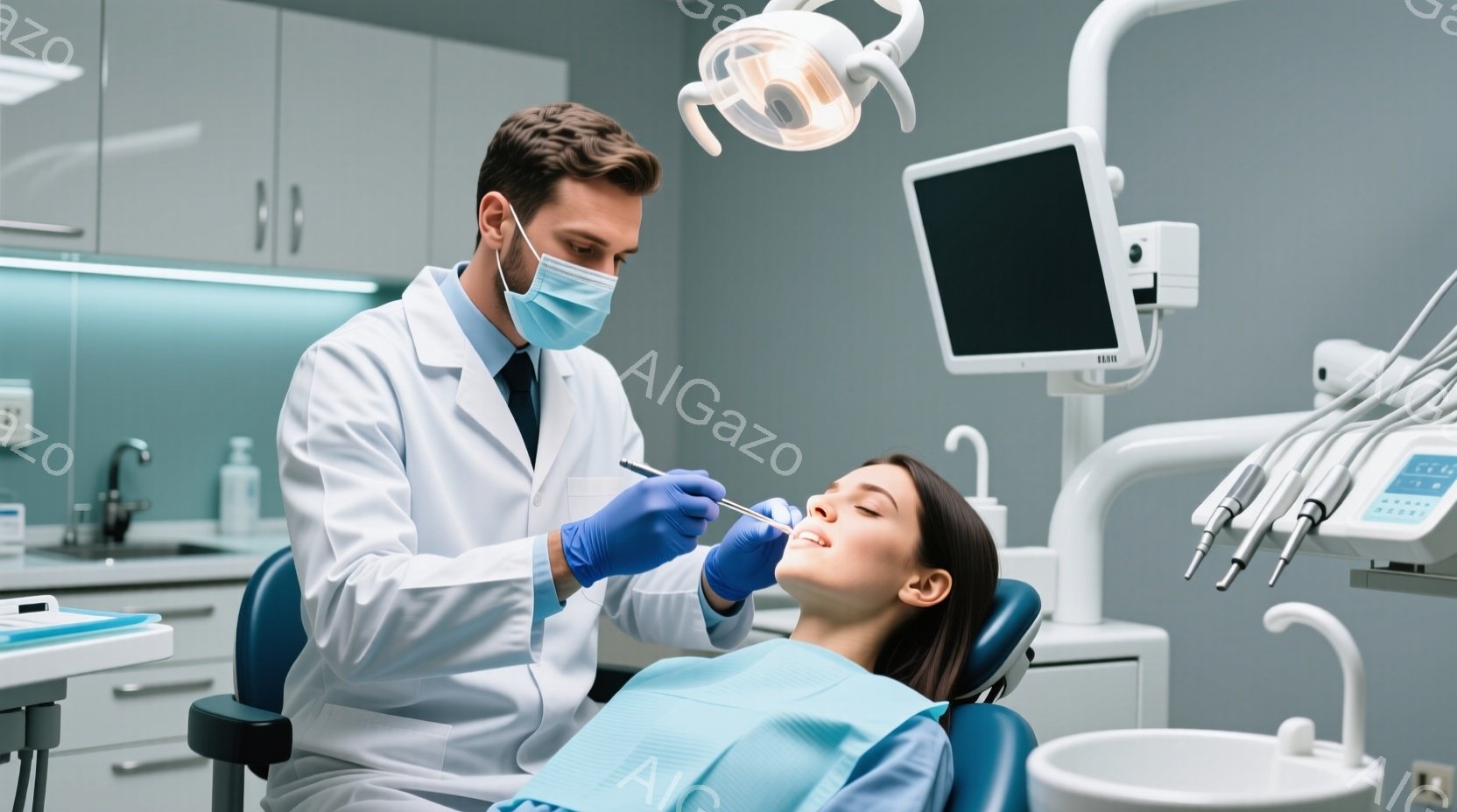 歯科医が患者の口の中に器具を入れ、治療を行っています。歯科医は白衣とマスクを着用し、青い手袋をはめており、患者は歯科治療用の椅子に横たわって目を閉じています。背景には洗面台や医療機器が見え、清潔感のある明るい歯科医院の様子が伺えます。