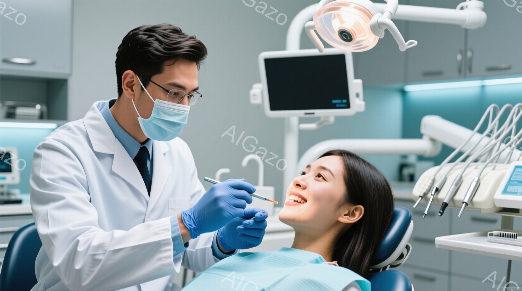 歯科医が女性患者の歯の検査を行っている様子が写っている。歯科医は白衣とマスクを着用し、青い手袋をはめて患者の口内を綿棒で確認している。背景には歯科用機器やモニターが見え、清潔で明るい歯科医院の雰囲気が伝わる。