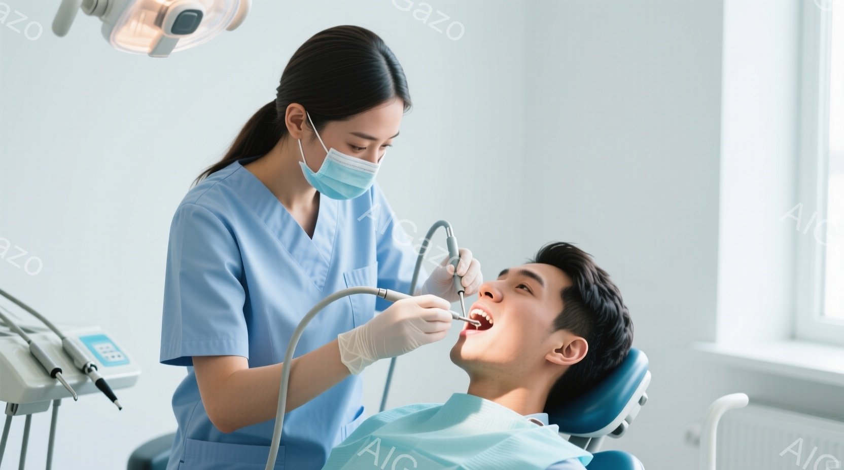 歯科医の女性が青い制服とマスクを着用し、白い手袋をはめて患者の歯を治療している。患者は歯科治療用の椅子に座り、口を開けて治療を受けている。背景は歯科医院の白い内装で、医療機器が見える清潔な雰囲気である - AI生成フリー素材