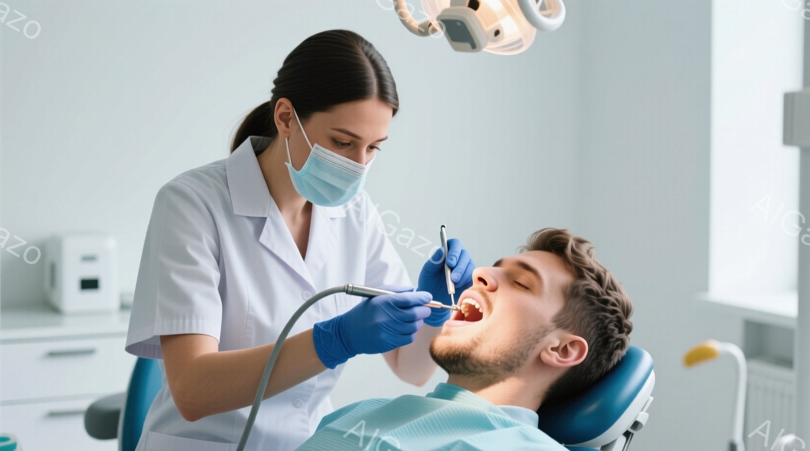 歯科医の女性が、青い手袋とマスクを着用し、男性患者の歯の治療を行っています。患者は歯科椅子のリクライニングに座り、目を閉じ、口を開けて治療を受けています。背景は歯科医院内の白い壁と医療機器で、清潔でプ - AI生成フリー素材