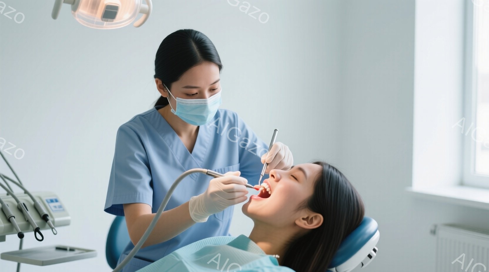 歯科医が患者の歯の治療を行っている様子が写っています。歯科医は水色のスクラブを着てマスクをしており、患者の口の中に器具を挿入しています。患者は歯科医の椅子に仰向けになり、口を開けて治療を受けています。