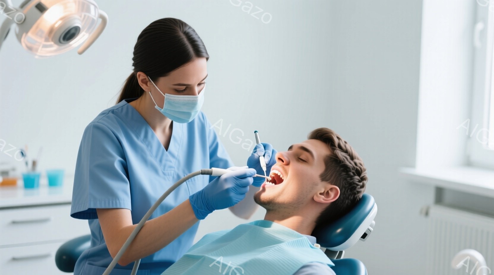 歯科医の女性は、水色のスクラブと青い手袋を着用し、マスクで口元を覆っています。彼女は男性患者の口の中に器具を入れ、治療を行っています。背景には、白いキャビネットや窓が見え、明るく清潔な歯科医院の雰囲気です。