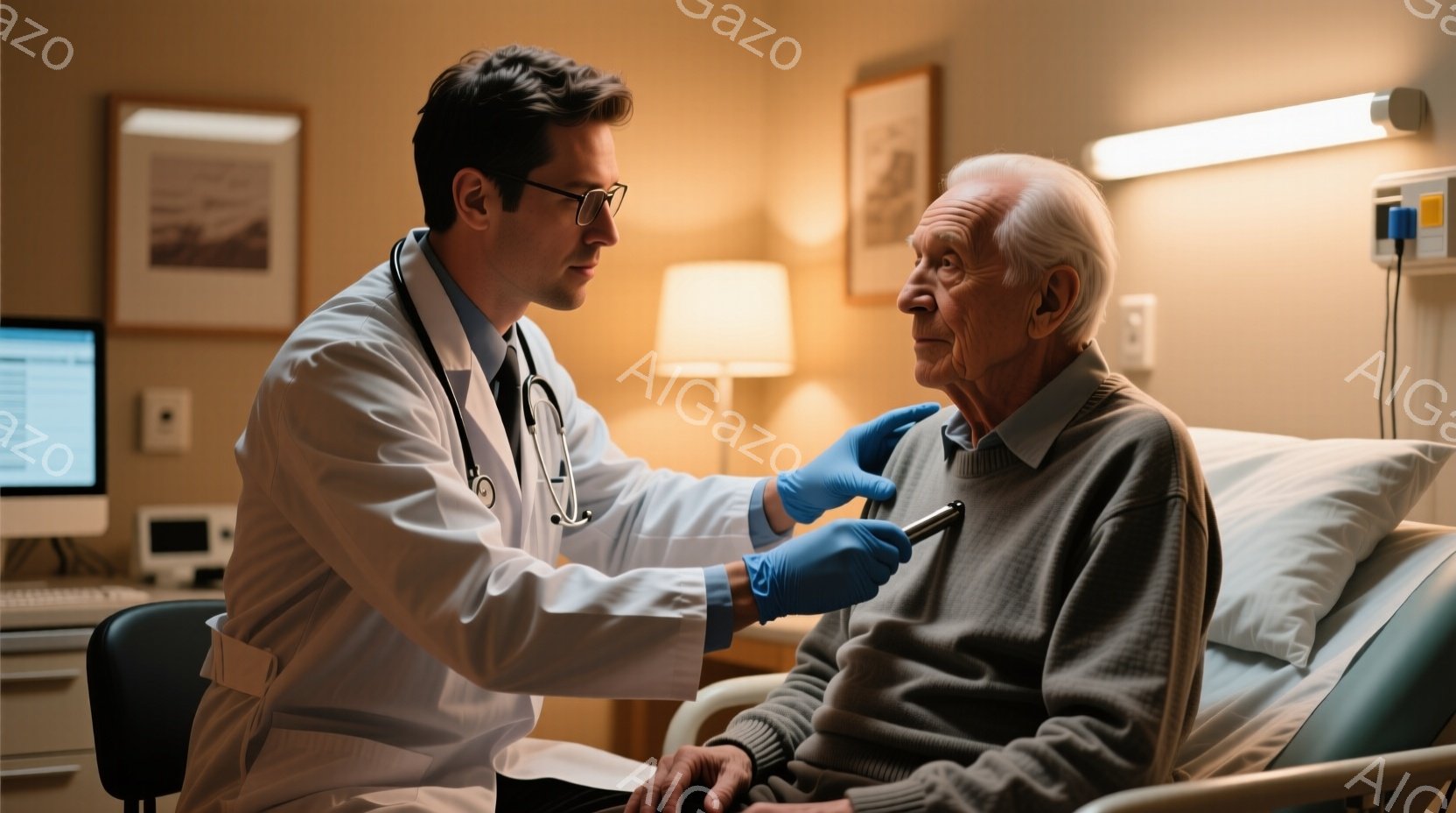 白衣を着た若い男性医師が、ベッドに座る高齢の男性患者の胸に聴診器を当てています。医師は真剣な表情で患者の様子を診察しており、患者はやや緊張した表情で医師を見つめています。背景には、医療機器や絵画が見え - AI生成フリー素材