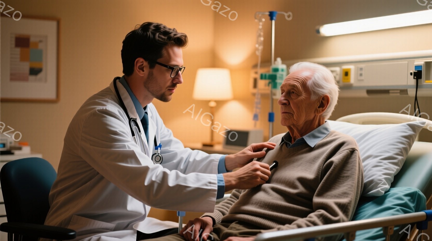 白衣を着た若い男性医師が、病院のベッドに座る高齢の男性患者の胸に聴診器を当てています。医師は真剣な表情で患者を見つめ、患者は穏やかな表情で横たわっています。背景には病院の設備が見え、全体的に静かで落ち - AI生成フリー素材