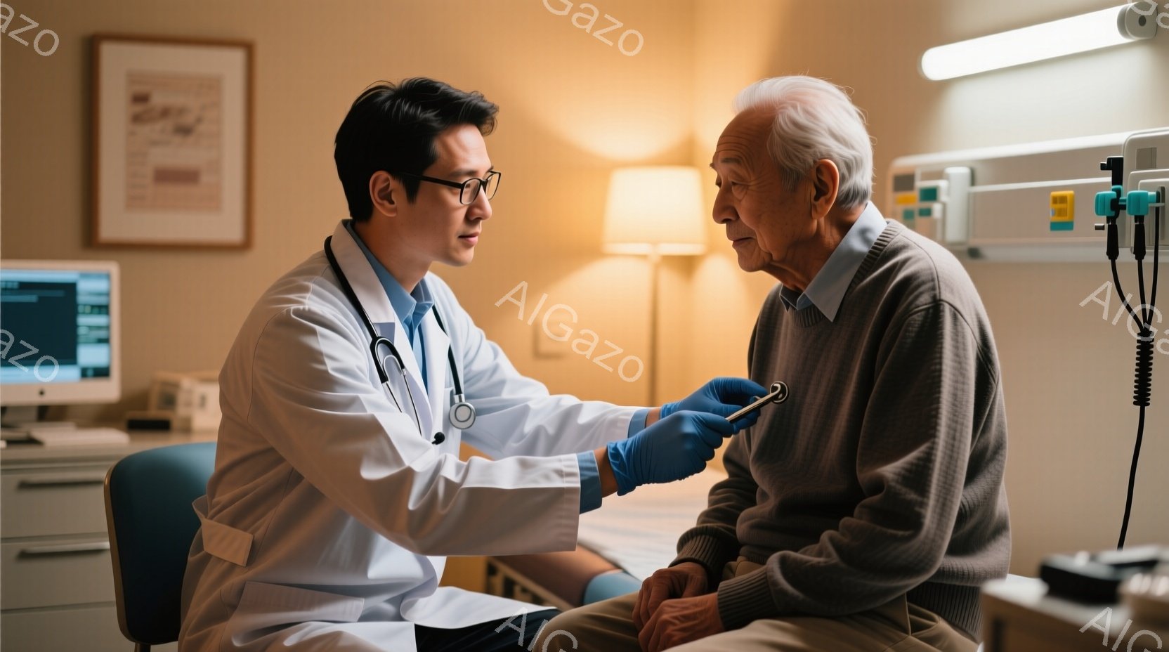 白衣を着た若い男性医師が、青い手袋を着用し、聴診器を年配の男性患者の胸に当てています。患者は椅子に座り、やや緊張した表情で医師を見つめています。背景には医療機器やコンピューターが見え、病院の一室のような、清潔で落ち着いた雰囲気が漂っています。