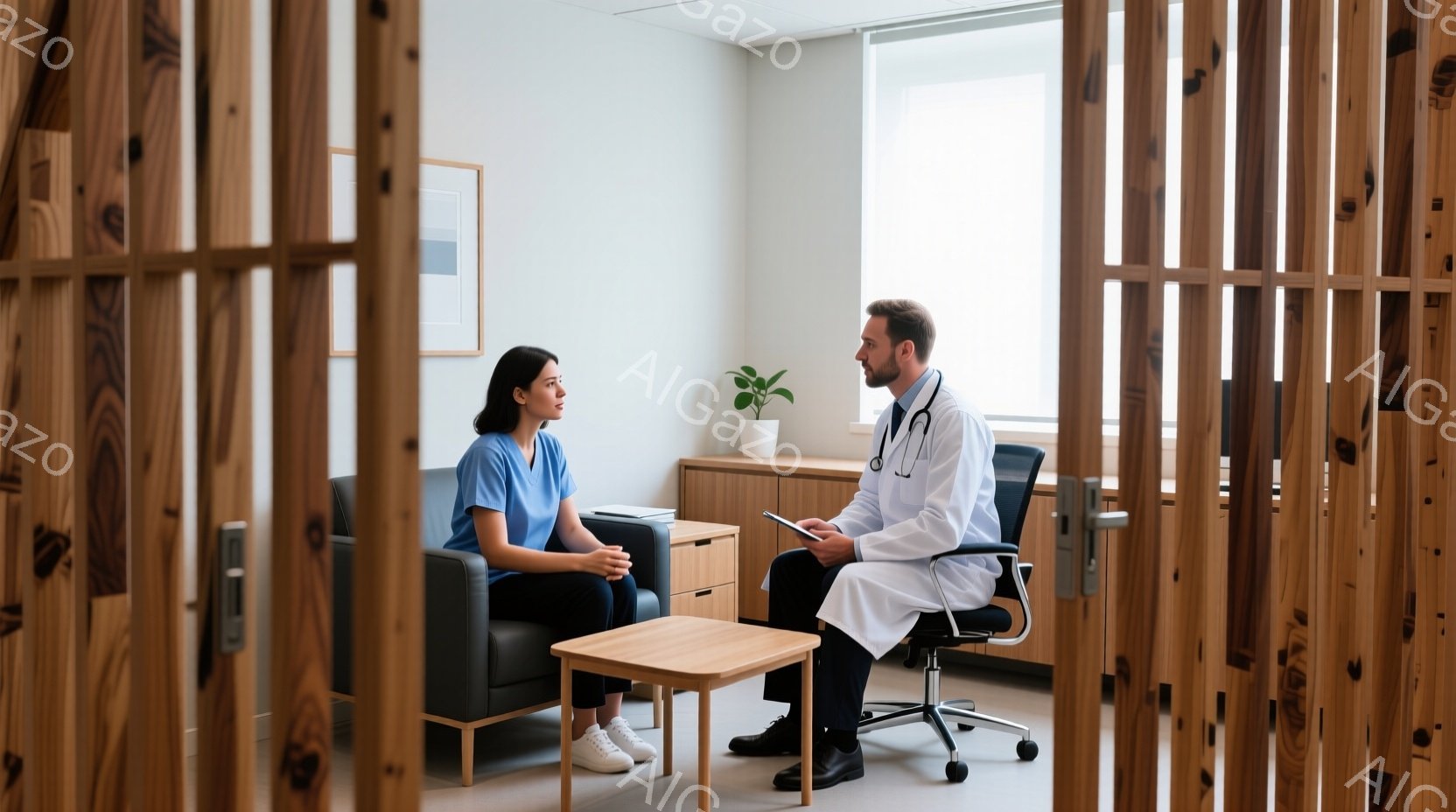診察室で、青いスクラブを着た女性がソファーに座り、白衣を着た男性医師が車椅子に座って対面しています。女性は落ち着いた表情で前を見つめ、医師は何かメモを取っているようです。部屋は木製の家具と観葉植物で温かみがあり、医療機関の清潔感とリラックスした雰囲気が漂っています。
