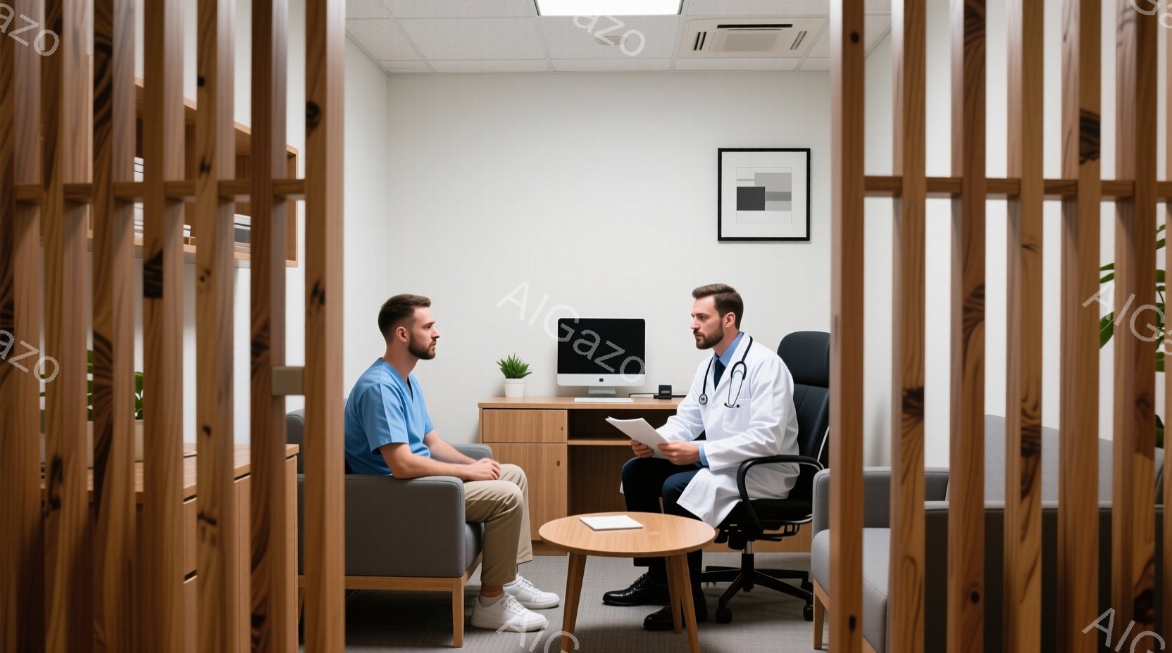 診察室で、青いスクラブとベージュのズボンを身につけた若い男性がソファに座り、医師と向かい合っている。医師は白いコートを着て椅子に座り、書類を見ながら話しかけており、両者とも真剣な表情をしている。背景には木製のデスクとコンピューターモニターがあり、清潔で落ち着いた雰囲気が漂う。