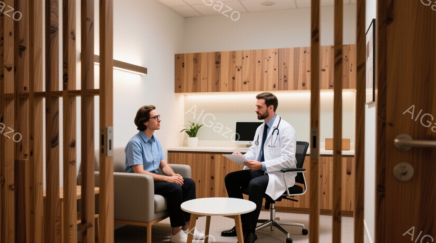 診察室で、一人の医師が患者と対面している。医師は白衣を着用し、髪は短く整えられ、真剣な表情で何かを説明しているようだ。患者は青いシャツと濃いズボンを身につけ、リラックスした姿勢で医師の言葉に耳を傾けている。