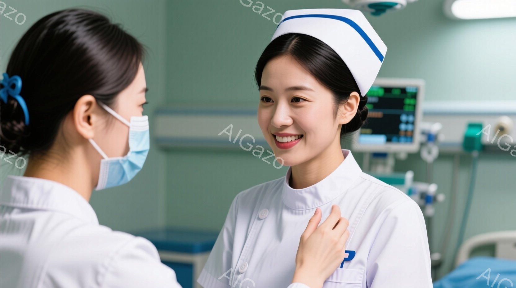 看護師と思われる女性が2人、病院の病室で写っている。右側の女性は白い看護師服を着て、白い帽子をかぶり、笑顔で何かを話している様子で、胸に手を当てている。背景には医療機器やベッドが見え、清潔感があり、安 - AI生成フリー素材