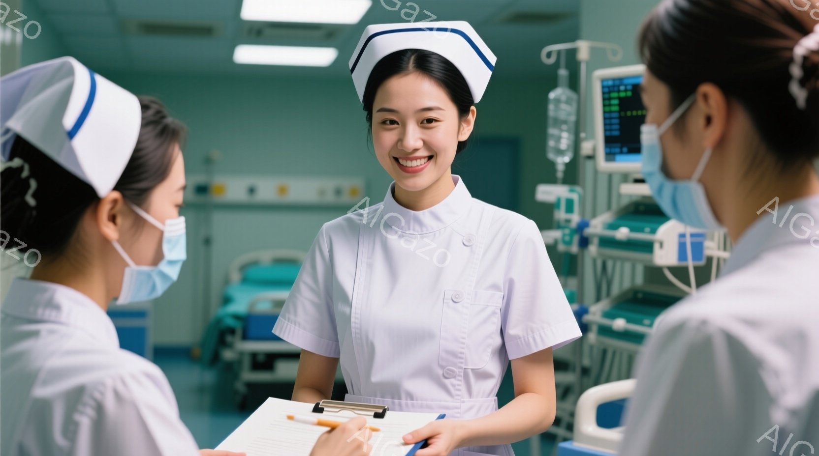 病院の様子が写っており、看護師が二人立っています。中央の看護師は白い制服と帽子を身につけ、笑顔でカメラを見ており、手にはペンを持っています。背景には医療機器やベッドがあり、清潔で明るい病院の雰囲気が伝 - AI生成フリー素材