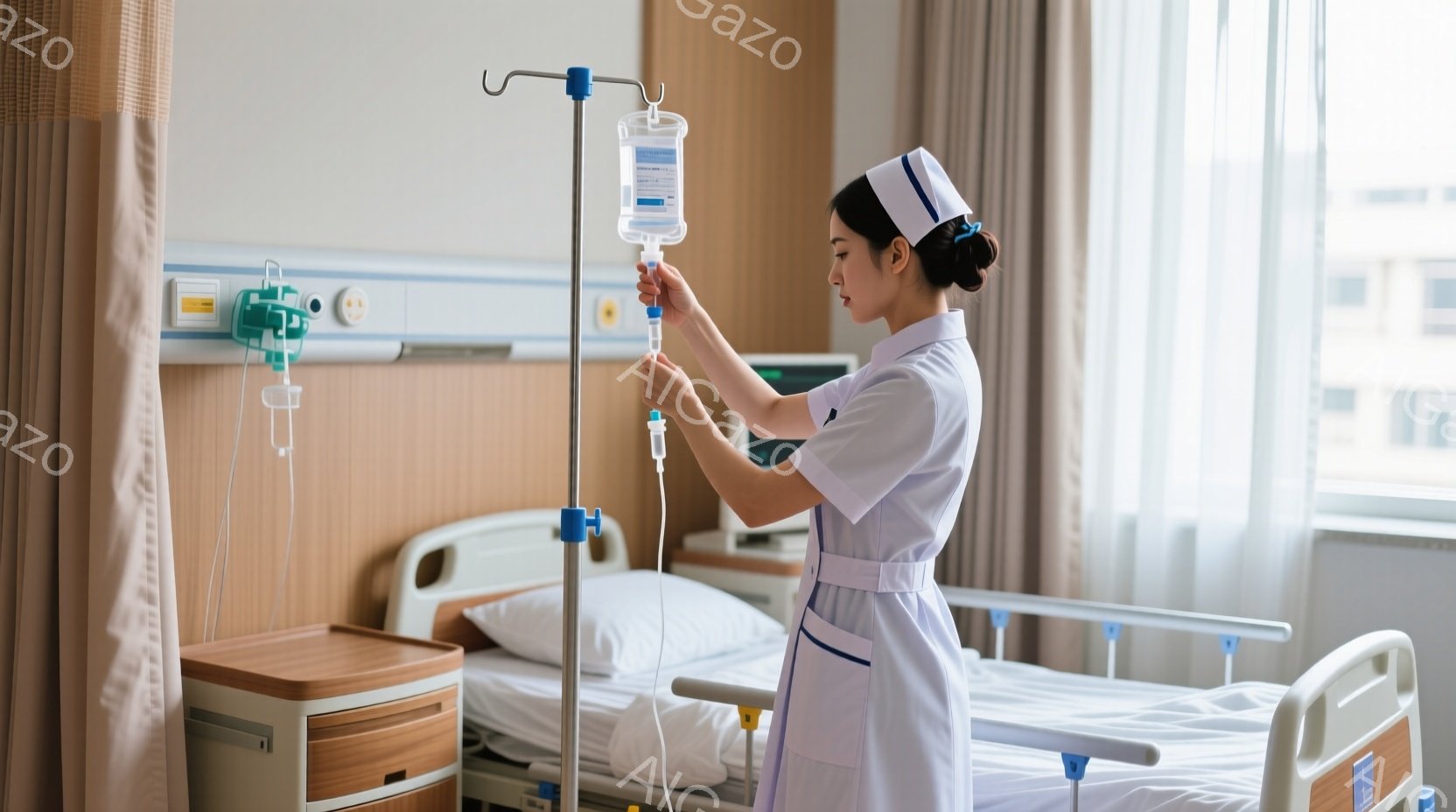 女性看護師が病室でインフューズの管をつかみ、静謐な表情で注意深く患者の状態を確認している。バッグと看護師服装が徹底的に清潔であり、病室は白色と木目のカラフルなインテリアが特徴的で、窓からは日の出方を見ることができる。