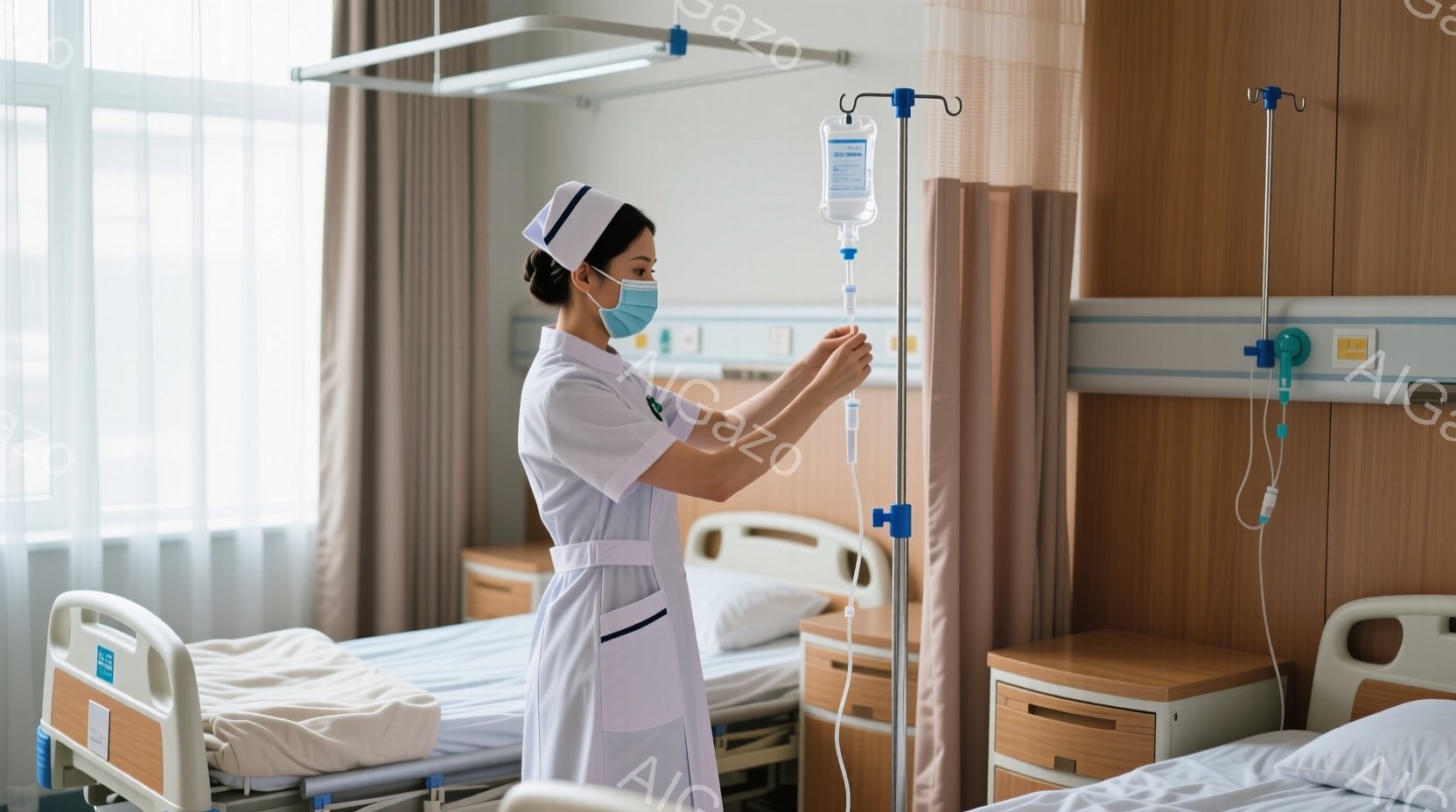 看護師は白い制服と帽子を着用し、マスクで顔を覆っています。彼女は点滴スタンドのチューブを調整しており、集中した表情で作業に取り組んでいます。背景には病院の病室があり、ベッドと控えめな木目調の家具が見え - AI生成フリー素材