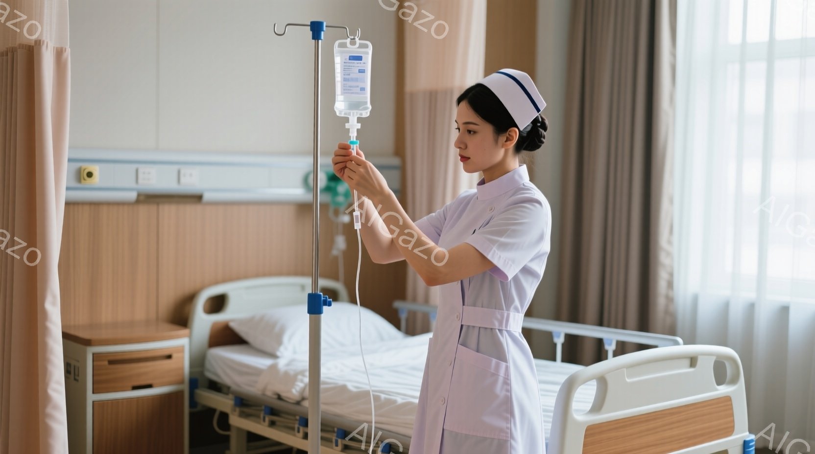 看護師はピンク色の制服と白い帽子を着用し、点滴スタンドの点滴パックを調整しています。彼女はベッドのそばに立ち、真剣な表情で医療機器を確認しています。背景にはベッドとサイドテーブルがあり、病院の静かで落 - AI生成フリー素材