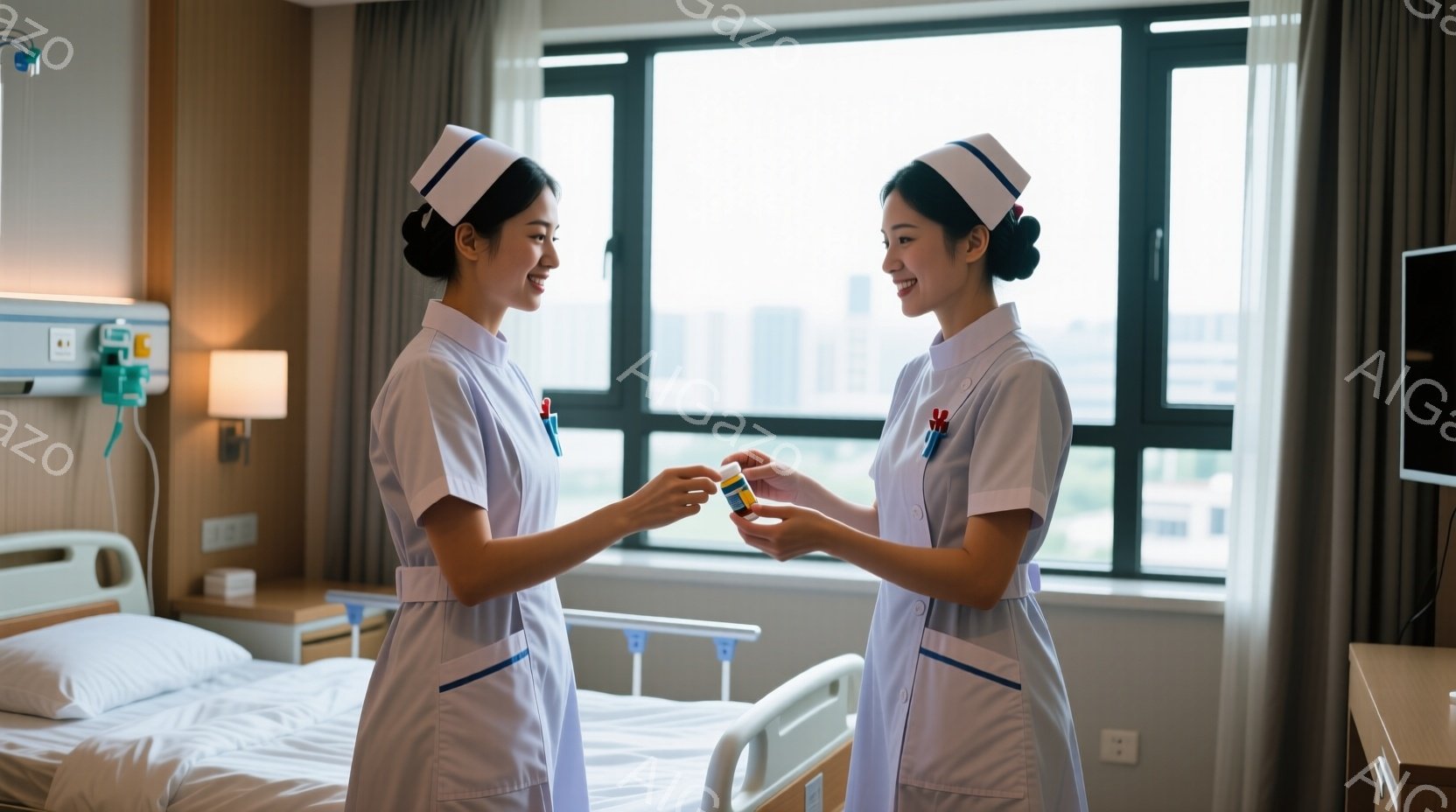 医療従事者と思われる二人の女性が、病院の病室で向かい合って立っています。白衣と看護師用の帽子を着用し、笑顔で薬を交換しています。背景にはベッドと窓があり、窓の外には高層ビルが見え、晴れた日の穏やかな雰 - AI生成フリー素材