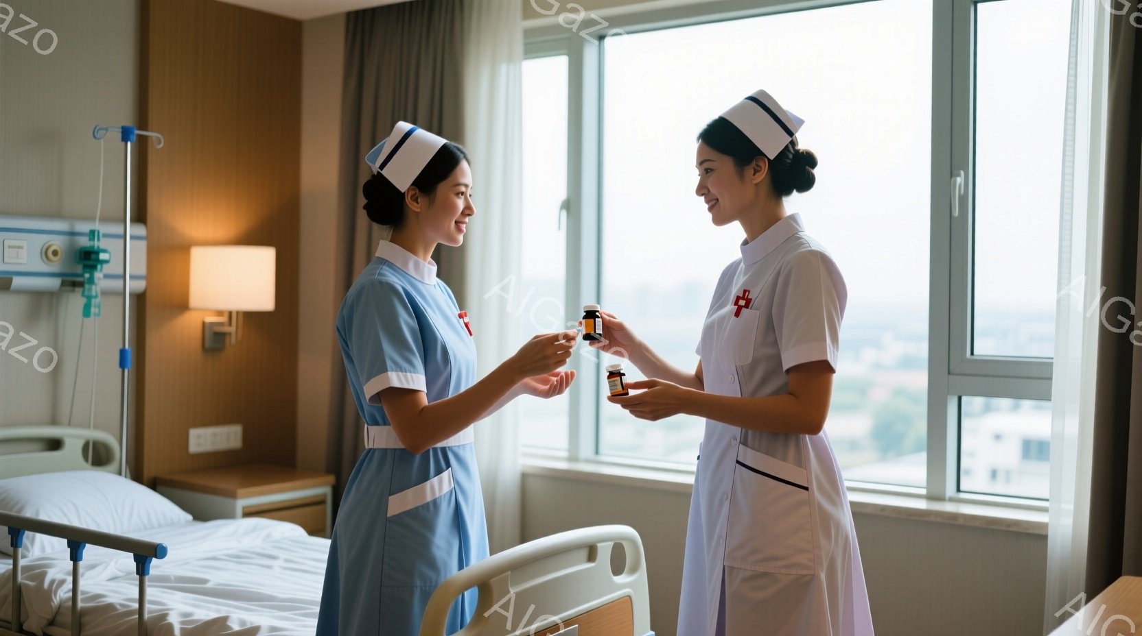 二人の看護師が病院の病室で対面している。どちらも白いナースキャップを被り、制服姿で、片方の看護師は青い制服、もう片方は白い制服を着ている。彼女たちは笑顔で薬瓶を交換しており、背景にはベッドと窓から見え - AI生成フリー素材