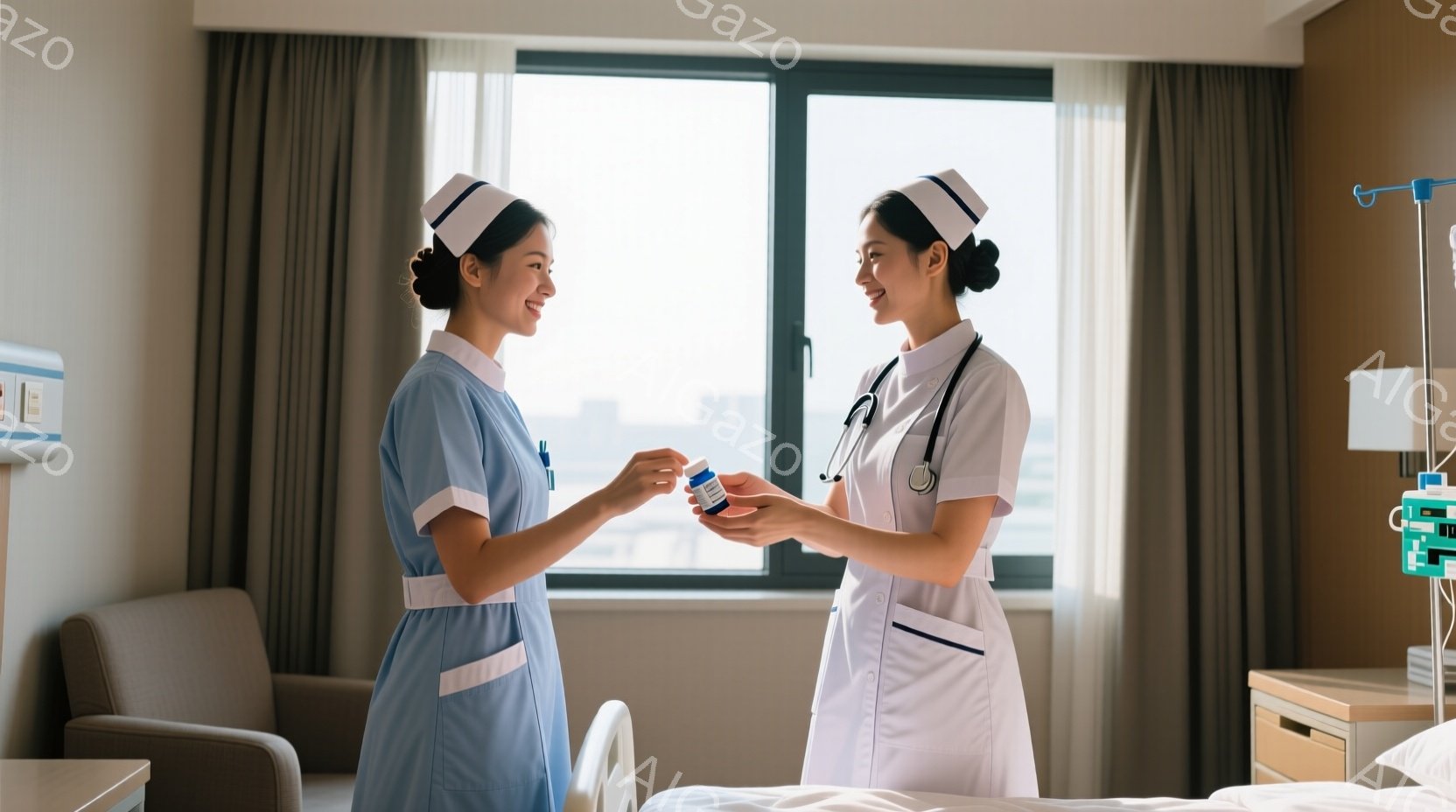 2人の女性看護師が、病院の病室で薬を交換している様子が写っています。彼女たちは白い看護師帽と、それぞれ水色と白の制服を着ており、顔には穏やかな笑顔が浮かんでいます。背景には窓から差し込む光と、医療機器 - AI生成フリー素材