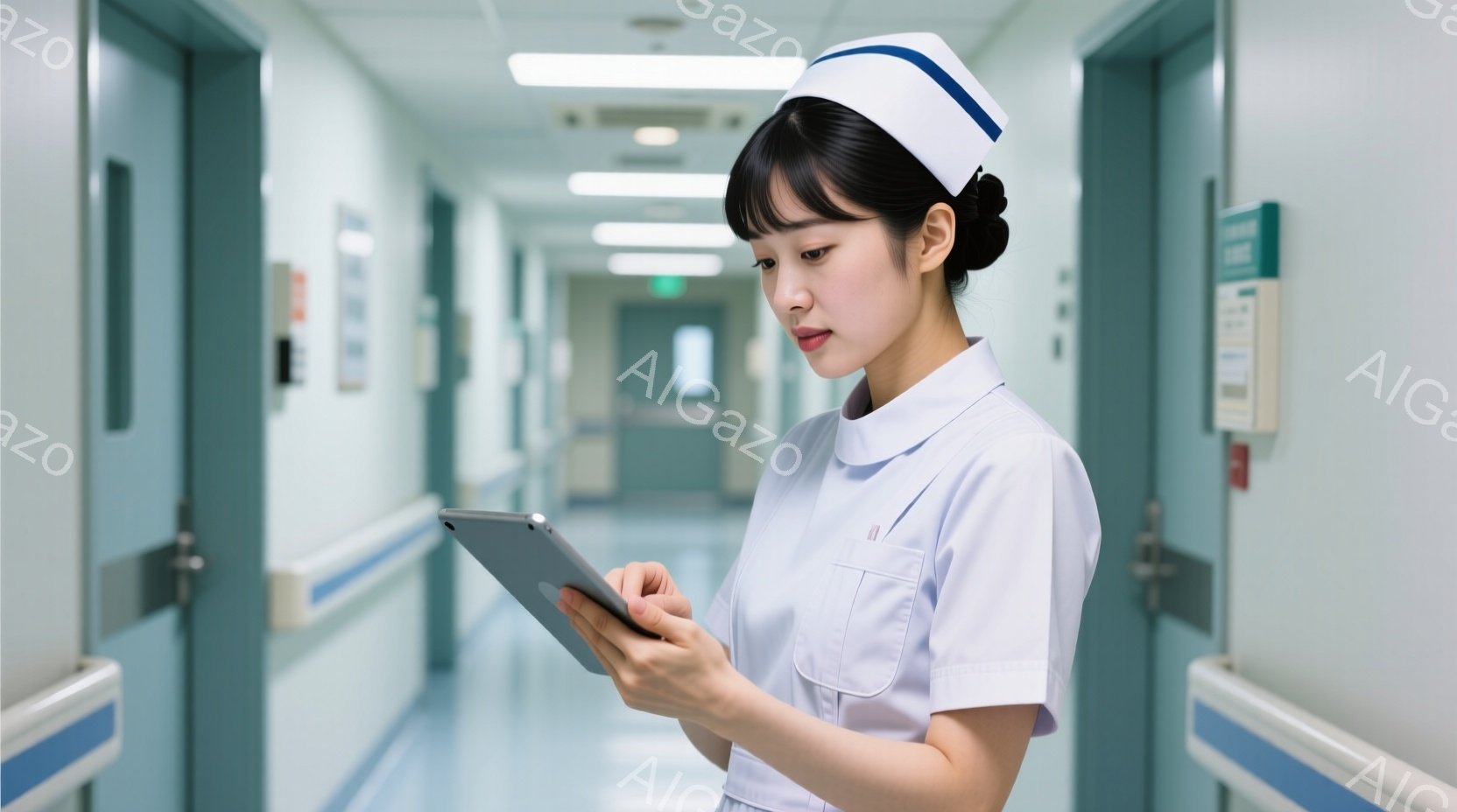看護師は白い制服と帽子を着用し、真剣な表情でタブレット端末を見つめています。彼女は廊下で立ち、少し前かがみの姿勢で情報を確認しているようです。背景は病院の廊下で、壁は白く、青いラインが入っており、清潔 - AI生成フリー素材