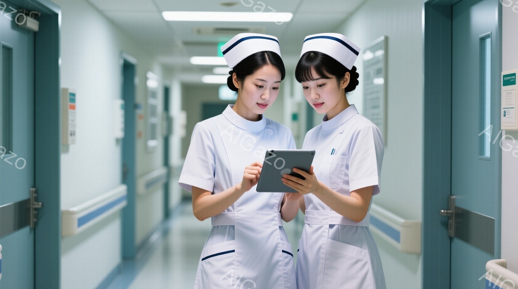 二人の女性が病院の廊下でタブレットを見つめている。彼女たちは白い看護師服と帽子を着用し、真剣な表情で画面に集中している。廊下は白と水色のストライプで装飾されており、清潔で落ち着いた雰囲気が漂っている。 - AI生成フリー素材