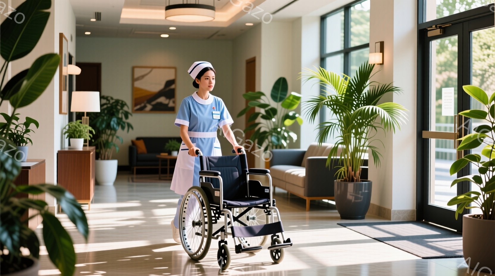 看護師と思われる女性が、病院のロビーで車椅子を押している。彼女は白地に水色のストライプの制服にエプロンをつけ、髪は後ろでまとめており、表情は穏やかで優しい印象を与える。背景には受付やソファ、観葉植物が - AI生成フリー素材