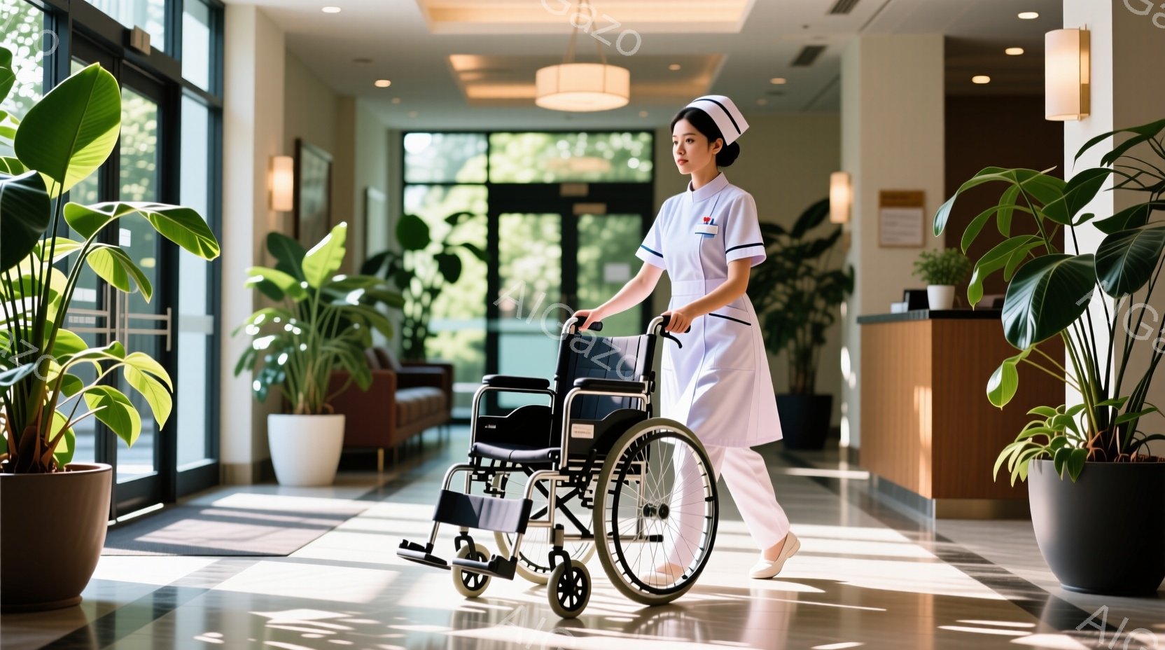 看護師は白い制服を着て、髪をきれいにまとめて後ろで結んでいます。彼女は車椅子を押しており、表情は穏やかで、どこか真剣な様子です。背景には明るい光が差し込む受付があり、観葉植物が配置され、清潔で落ち着い - AI生成フリー素材
