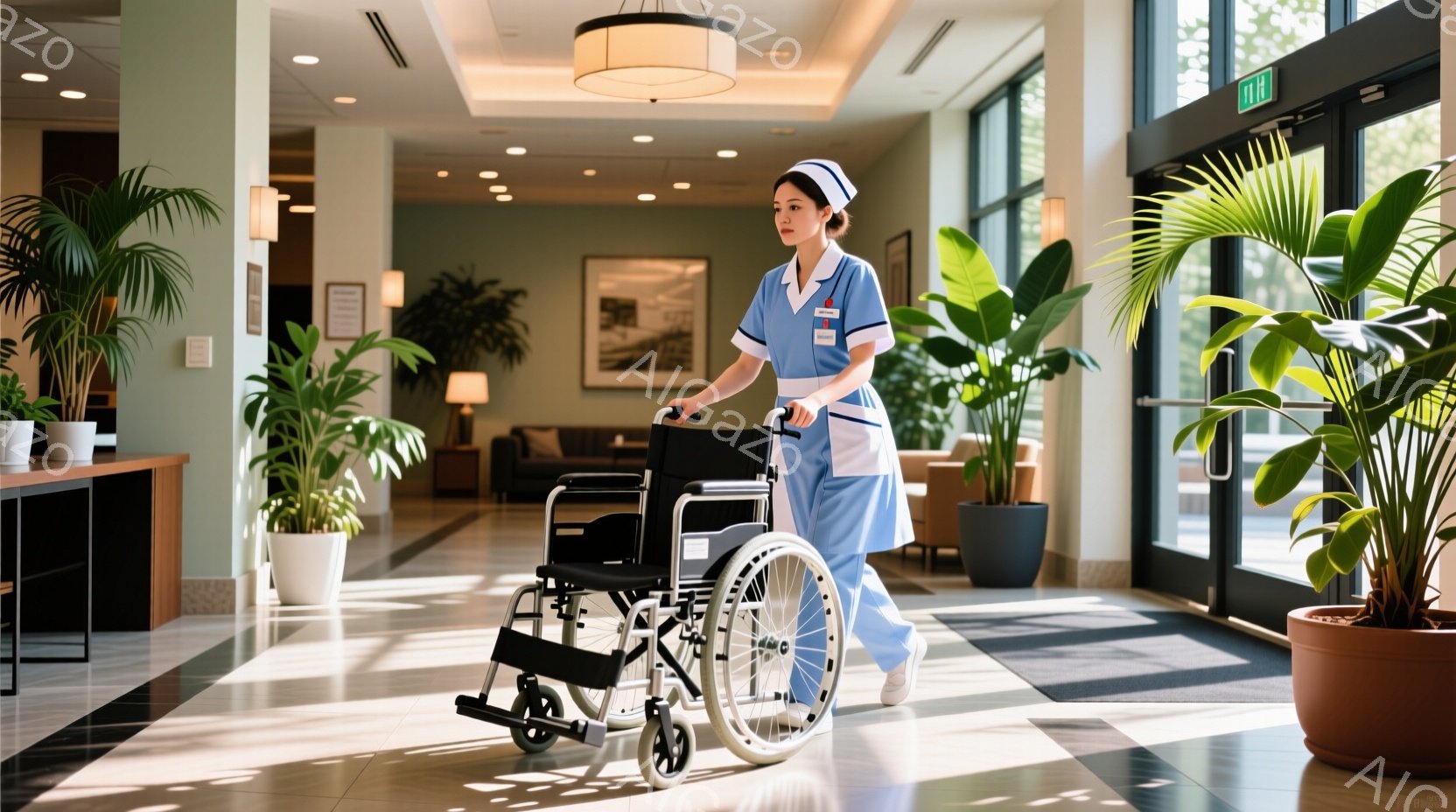 看護師または医療従事者の女性が、病院または介護施設の廊下を車椅子を押して歩いている。彼女はライトブルーのスクラブと白い看護師帽子を身に着け、笑顔で前を見ている。背景には植物が多く、明るく清潔なロビーと - AI生成フリー素材